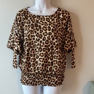 Michael MK Animal Print Metal Grommet Arm Tie Detail Cinched Waist Blous…